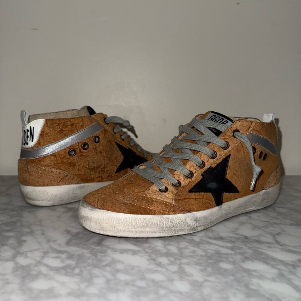 Golden Goose Camel Suede Midstars with Black Star and Silver Accents